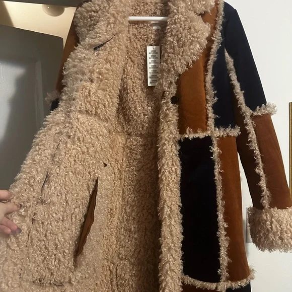 UO Patchwork Penny Lane Faux Shearling Long Coat Size Medium - Picture 3 of 5